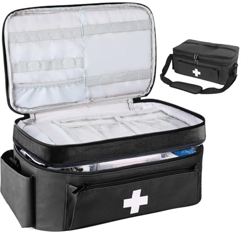 Borsa Medica Borsa per Infermiere Pronto Soccorso a 2 Strati con Divisori per Forniture Mediche Sanitaria Portatile per Sportiva, Campeggio, Visite, Domicilio Fisioterapisti -Nero