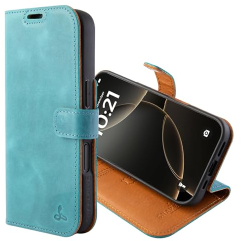 Snakehive Leather Wallet Case for iPhone 17 (Teal) | Genuine Leather Flip Cover with Card Slots & Stand