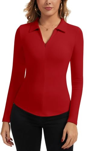 LEYSHE Thermo Poloshirt Damen Langarm V-Ausschnitt mit 1/4 Reißverschluss Polo Pullover Warmes Business Bluse Thermo Oberteil
