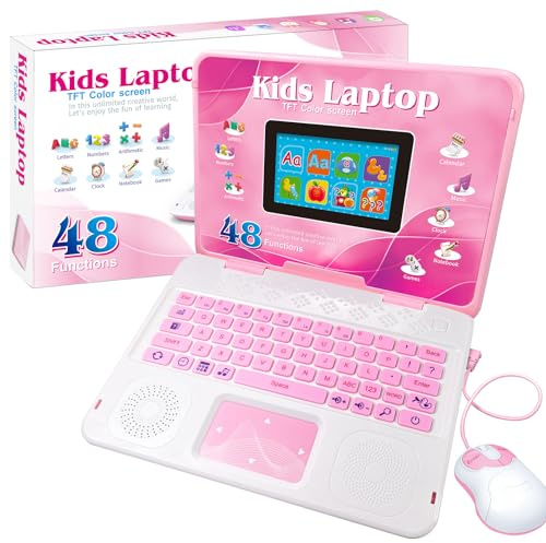 Happiegg Kids Laptop Educational Toy with 48 Activities, Colour Screen Pink | 15x8cm Display, Maths English Music Games with Mouse, Rechargeable Computer for Boys Girls Age 5+ Birthday Christmas