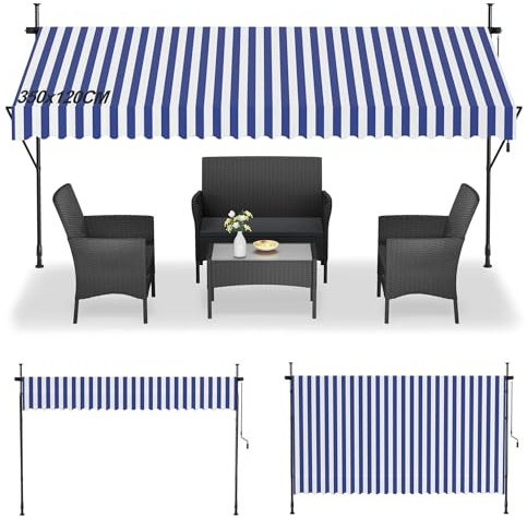 Suusolny Klemmmarkise ohne Bohren mit Handkurbel Balkonmarkise UV-Schutz Markise höhenverstellbar Sonnenschutz wasserabweisend für Balkon Terrasse Garten - BlauWeiß Gestreifter - 350x120cm