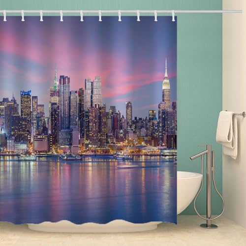 MOXINO New York Duschvorhang Anti-Schimmel 180x200 cm Polyester Stoff Textil Waschbar Wasserdicht Badvorhang 3D New York Motiv Duschvorhänge Badezimmer mit 12 Haken（Stil 36-9）