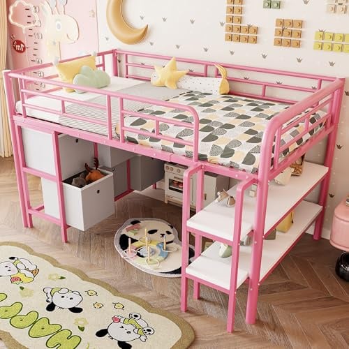 WIZBED Hochbett 90x200, Metallbett Eisenbett mit Aufbewahrungsbox & Treppe & Regalen, Etagenbett mit Lattenrost, Kinderbett, Stockbett, Jugendbett, ohne Matratze, Rosa