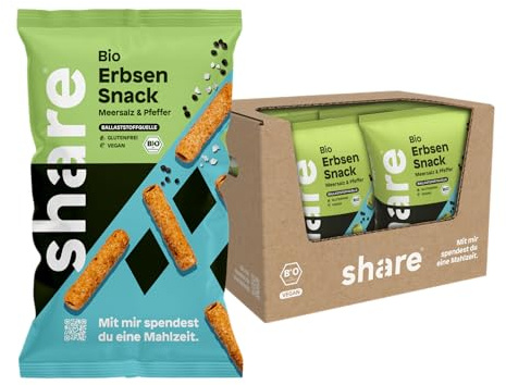 share Bio Erbsen Snacks Meersalz & Pfeffer – glutenfrei, ballaststoffreich, ohne Zusatzstoffe – 6x75g vegane Chips aus Erbsenmehl – Chips Großpackung in Bio-Qualität – Spendet eine Mahlzeit