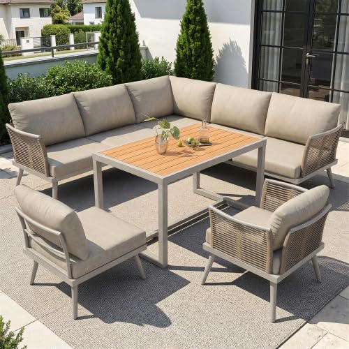 Gartenmöbel Set für 7 Personen, L-förmiges Ecksofa mit wetterfestem Metallgestell & Holz-Couchtisch, inkl. Sessel & extra dicken Sitzkissen mit waschbaren Bezügen – für Terrasse, Balkon & Garten