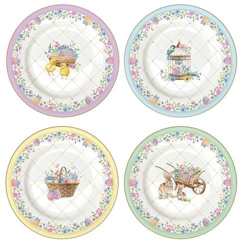 Lot de 4 assiettes à dessert en porcelaine de 19 cm - Motifs de Pâques avec lapins, poussins et fleurs printanières - Bord doré - Style vintage - Assiettes à dessert colorées - Lot de 4 assiettes à