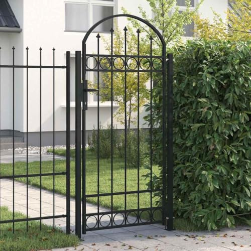 Gartentor Assen mit Bogenabschluss Stahl pulverbeschichtet Schwarz 89 x 200 cm robustes Gartentor mit Hochleistungsschloss und Scharnieren für Garten, Terrasse, Zaun für draußen