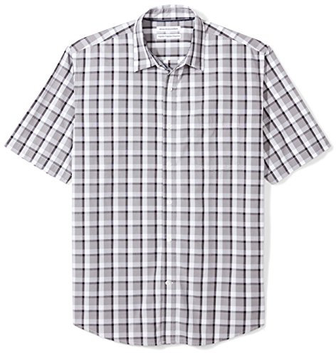 Amazon Essentials Men's Regular-Fit Short-Sleeve Poplin Shirt, Black Grey Plaid, L