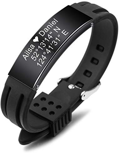 MeMeDIY Bracciale Personalizzato con Nome Incisione Personalizzata per Uomo Donna Ragazzi Ragazze Gomma da Polso in Silicone Sport Identificazione Identificativa (Nero Colore, Nero Tono Etichetta)