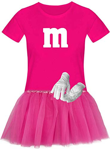T-Shirt M&M + Tüllrock Karneval Gruppenkostüm Schokolinse 11 Farben Damen XS-3XL Fasching Verkleidung M's Fans Tanzgruppe, Gr.:3XL, Farbauswahl:pink - Logo Weiss (+Handschuhe Weiss/Tütü pink)