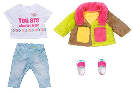 BABY born Deluxe Regenbogen Mantel, Puppenkleidung Set bestehend aus Jacke, Shirt, Hose, Schuhe für 43 cm Puppen, 830154 Zapf Creation