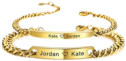 MeMeDIY 2 Stücke Set personalisierter Paar-Armbänder Anpassen Gravur Name für Männer Frauen Freundin Edelstahl Verstellbarer Panzerkette Liebesbeziehung Valentinsgeschenk(Farbe Schwarz)