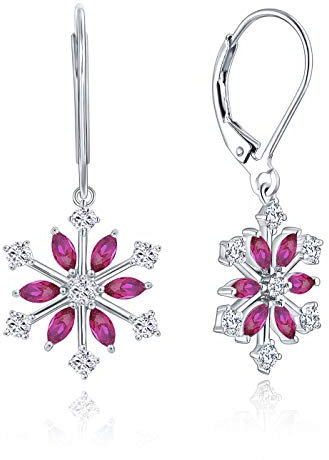 JO WISDOM Ohrringe Schneeflocke Weihnachten Hängend Silber 925 Damen mit 3A Zirkonia Juli Geburtsstein Rubinrote Farbe,Schmuck für Frauen