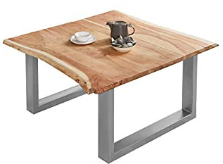 SAM Couchtisch 90 x 90 cm Billy, echte Baumkante, Akazienholz naturfarben, massiver Sofatisch, U-Metallgestell Silber