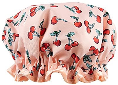 The Vintage Cosmetic Company Cherry Shower Cap Lightweight Stretch Waterproof Cap, Keeps Hair Dry and Frizz Free, Reusable Shower Cap, Retro Cherry Design