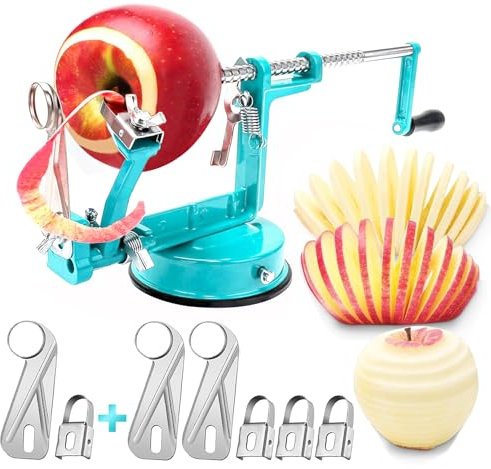Apple Peeler Corer, Long lasting Chrome Cast Iron Apple Peeler Slicer Corer with Stainless Steel Blades and Powerful Suction Base for Apples and Potato(Blue)