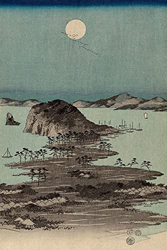 Feeling at home LEINWANDDRUCK im SCHATTENFUGENRAHMEN Abendansicht der acht berühmten Sehenswürdigkeiten in Kanazawa in der Provinz Musashi # 2 Hiroshige Ando - Jahrgang vertika cm_85_X_56