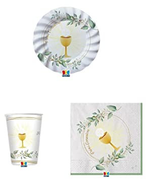 INDUSTRIA delle FESTE IDF CoordinatoTavola Piatti Tema Prima Comunione Olive Green 24 Ospiti(88 Pezzi)