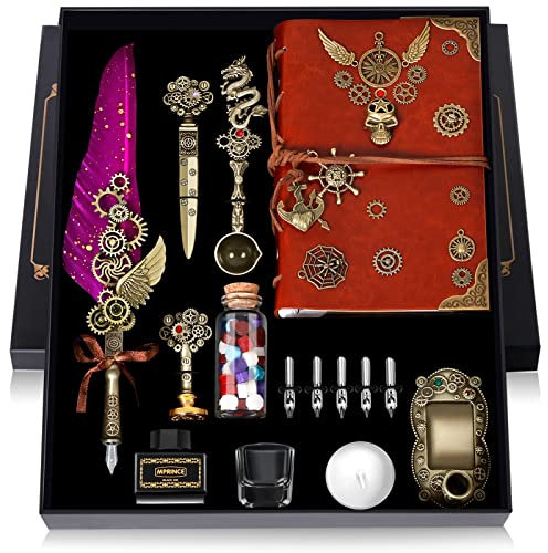 MPRINCE Quill Pen Ink Set, Quill Pen, Notebook, 5 Replaceable Nibs, Seal Stamp, Spoon, Wax Beads, White Wax, Ink, Pen Holder, Cup, Envelope, Letter Paper, Envelope Tool