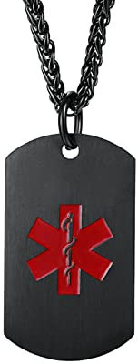 Gualiy Stainless Steel Necklace for Men, Black Charm Necklace Medical Sign Dog Tag Necklace