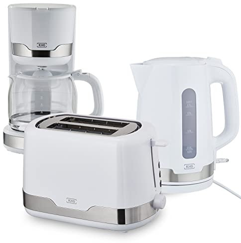 KHG 3-teiliges Set | Toaster 2 Scheiben, 7 Bräunungsstufen 850W | Wasserkocher 1,7 Liter mit Abschaltautomatik 2200W | Kaffeemaschine 1,5 Liter Glaskanne mit Tropfstopp 1000W | Frühstücksset Weiß
