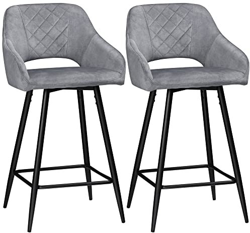 HOMCOM Lot de 2 Tabourets de Bar en Velours Chaises Bar Hautes Pieds en Métal Noir avec Repose-Pieds, accoudoirs Hauteur 67 cm - Gris