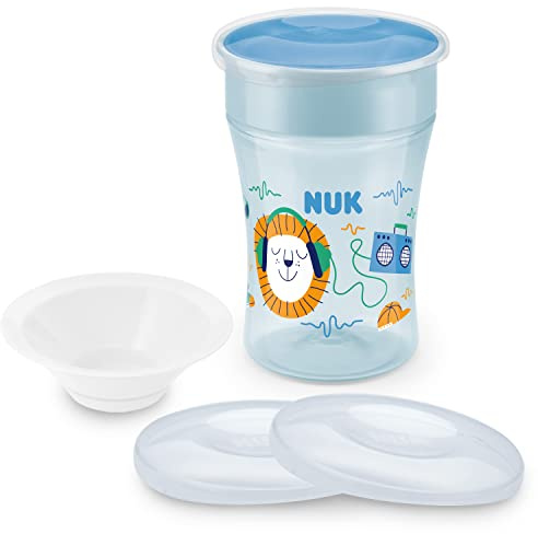 NUK Magic Cup Trinklernbecher | 8+ Monate | 230 ml | blauer Löwe + Ersatzdeckel 2er Pack, ab 8 Monaten + Ersatz-Silikondichtscheibe, ab 8 Monaten, weiß