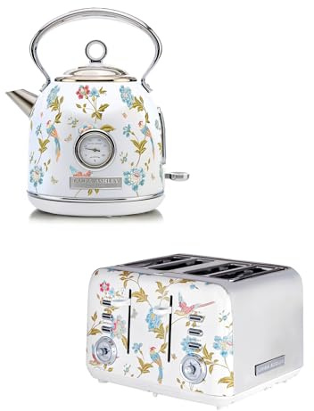 Laura Ashley Elveden White Kettle and Toaster Sets 4 slice - Energy Efficient Fast Boil 1.7L Electric Kettles Stainless Steel - Wide Slot Toaster 4 Slice with Defrost, 7 Browning Setting, Warming Rack