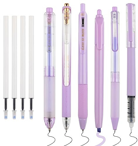 WINKIO 0.5mm Gelschreiber, 6 Stück Aesthetic Gelstifte Schnell Trocknende Gel Pen mit 4 Nachfüllminen, Einziehbare Kugelschreiber Schwarz +Farbiger Textmarker (Lila)