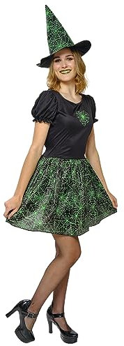 Rubies Hexenkostüm Spiderweb Neon für Damen, Kleid und Hut, Grün, Hexen, Hexen, für Halloween, Party, Karneval, Geburtstag und Cosplay