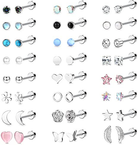 KRFY 24Paar Silber Ohrringe Set Edelstahl für Damen Mädchen 20G 316L Chirurgenstahl Hypoallergene Tragus Knorpel Sleeper Ohrstecker Schmuck Geschenke für empfindliche Ohr Piercing mit Boxen