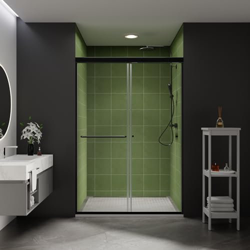 Comfystyle Porte de douche coulissante semi-sans cadre de 111,8 à 122,9 cm (l x H) en verre trempé SGCC transparent de 6 mm, finition noire mate. Les portes de douche peuvent être installées à gauche