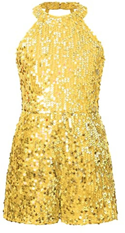 inhzoy Kinder Mädchen Pailletten Jumpsuit Kurz Glänzende Turnanzug Gymnastik Trikot Tanzoverall Leotard Funkelndes Party Silvester Jazz Dance Outfit Gold_A 158-164