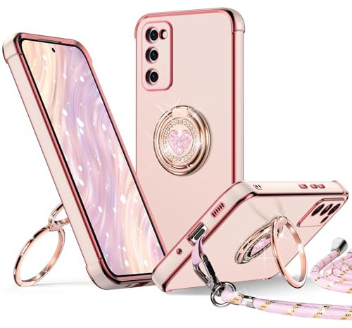 XYZ für Samsung Galaxy S20 FE Hülle mit Band, Herz Doppelring Ständer HandyHülle Handykette Frauen Mädchen Dünn Stoßfeste Anti-Kratzt SchutzHülle für Samsung S20 FE Case, Rosa