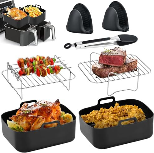 HUMOKI Air Fryer Accessories Set, 7PCS Air Fryer Accessories, Air Fryer Accessories Set of 7, Including Air Fryer Silicone Liners, Grill, Gloves, Clip, Silicone Liners for Ninja DZ201, Air Fryer Set