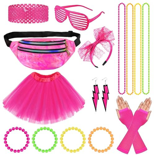 80er Jahre Outfit Damen, 90er Jahre Outfit Damen, 80er Jahre Accessoires mit Tutu, Neon Halskette Armband, Spitzenstirnband, Haarband, Ohrring, Brille und Netzhandschuhe für Party Fasching Karneval