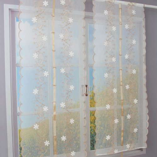 FYJS Tende da cucina foglia ricamate con filato Dolly,Tenda per Soggiorno Camera Balcone Finestra e Interni 2 Pannelli,Beige,60x240cm
