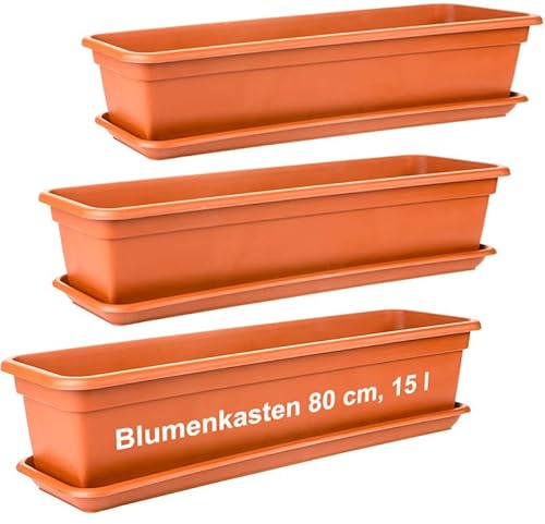 2friends Blumenkasten Set 80cm, Terracotta â€“ 3er-Set Balkonkästen mit Untersetzer, Hochwertiger Kunststoff, EU