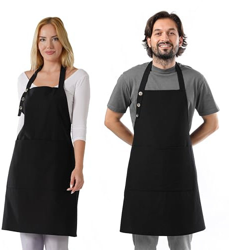TOSHE Küchenschürze, wassertropfenresistent, Baumwollschürze mit verstellbaren Schürzen für Damen, mit Taschen, Kochschürze (2 Stück, schwarz)