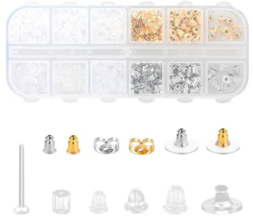 600 Stück Ohrring-Verschlüsse, 12 Stile Metall Silikon Ohrring Rücken Stopper Rückstecker Ohrringeset mit Aufbewahrungsbox Ohrstopper Zubehör Kugel Schmetterlinge Ohrstopper für DIY Schmuckherstellung
