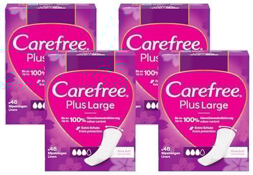 Carefree Slipeinlagen Plus Large mit leichtem Duft (48 Stück), super saugstarke & extra breite Slipeinlagen, um Flüssigkeiten sofort einzuschließen, Größe Large (Packung mit 4)