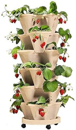 ZJTBDATG Pflanzturm mit Stapelbaren Pflanztöpfen Vertikaler Garten mit 6 Etagen Stapelbar Erdbeere Kräuter Blumen und Gemüse Übertopf Platzsparend für Erdbeeren Blumen und Gemüse,F,5pcs