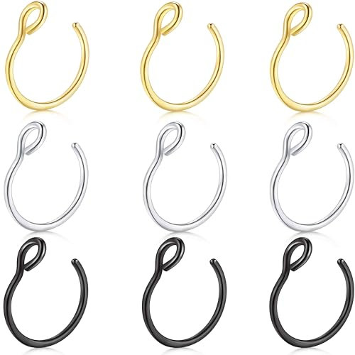 IBXWMNG Ensemble de 9 Faux Piercings en Acier Inoxydable pour Nez, Lèvres et Septum - Cerceaux et Anneaux Artificiels sans Perçage