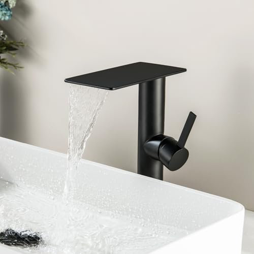 BAITUJIE Rubinetto Bagno Lavabo Alto, Nero Rubinetto Cascata per Bagno Miscelatore Bagno Cascata Monocomando in Acciaio Inox 304, Rubinetti Lavabo Acqua Calda e Fredda