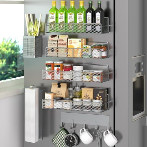 Magnetisches Gewürzregal für Kühlschrank, 7 Stück, 100% Metall, starke Magnetregale, Küchengewürz-Organizer mit Hakenleiste, Papierhandtuchhalter, Utensilienbehälter, Waschküche
