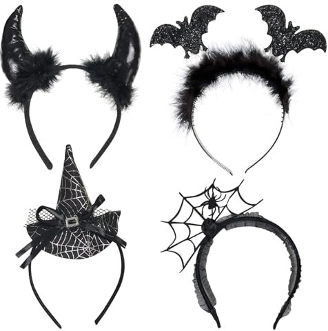 Funnlot 4 Stück Halloween Haarreif,Teufelshörner Haarreif,Fledermaus Haarreif,Hexenhut Haarreif Damen Schwarz Kopfschmuck für Halloween Karneval Fasching