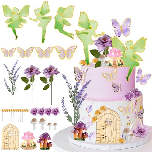 Vezerd Feen Tortendeko Geburtstag, 40 Stücke Fairy Pilz Haus Kuchen Deko Tortenaufleger für Karneval Party, Schmetterling Fee Themen Happy Birthday Torten Muffin deko Cupcake Topper für Mädchen