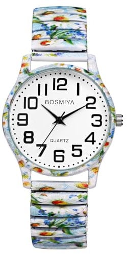 JewelryWe Damenuhr Boho Elastische Uhr: Bohemian-Stil Weiß Blumen Floral Druck Analog Quarz Armbanduhr Damen Edelstahl Stretch-Armband Lässige Uhr mit Bedruckt Zugarmband und großen Zahlen