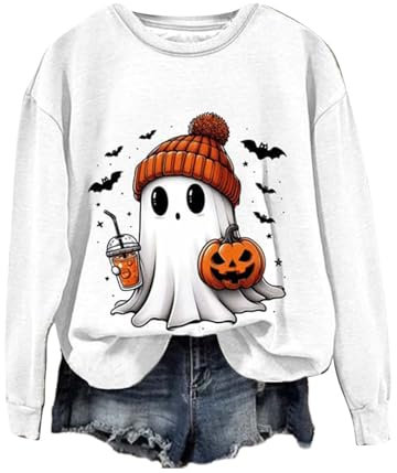AMDOLE Halloween kostüm Damen, lässig, Halloween-Druck, Rundhalsausschnitt, langärmeliges Oberteil, ohne Kapuze Weste Ohne Ärmel Damen (White, S)