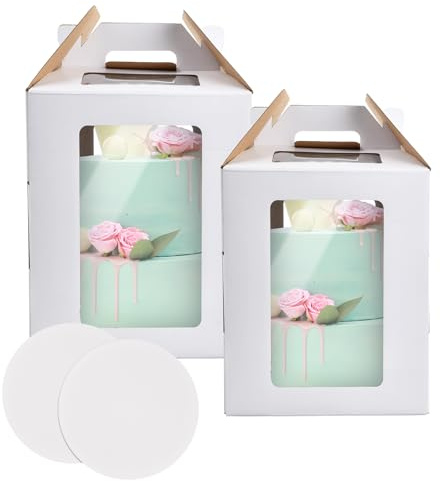 YILANJIN 2pcs Cake Boxes With 2 Boards, 10 * 10 * 12 Inches | Tall Carrier With Window, Packaging, Gift Box, Bakery Box With Handle, Sturdy for Wedding Party
